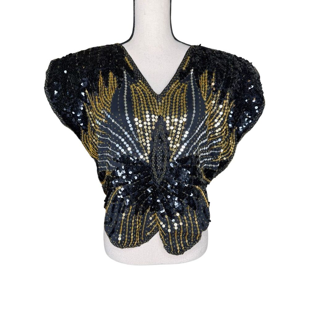Vintage Beaded and Sequined Batwing Top Size S 70’s/80’s, Glam, Art Deco, Disco